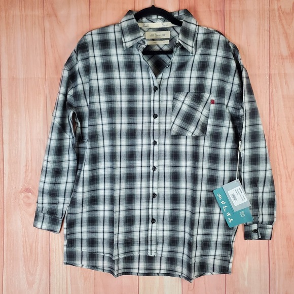 Purnell Tops - Purnell Santa Barbara Boyfriend Shirt Womens Small Black White Plaid Button Up